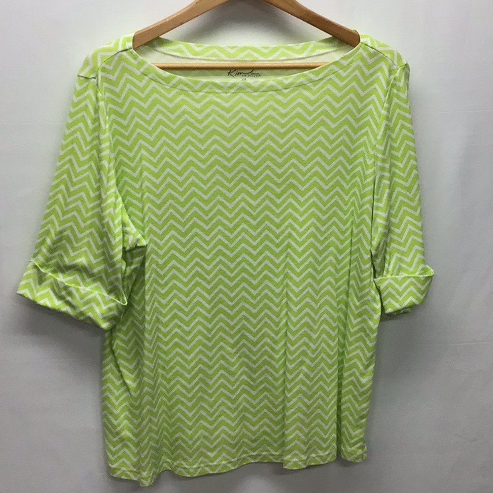 Kim Rogers lime green and white chevron print top